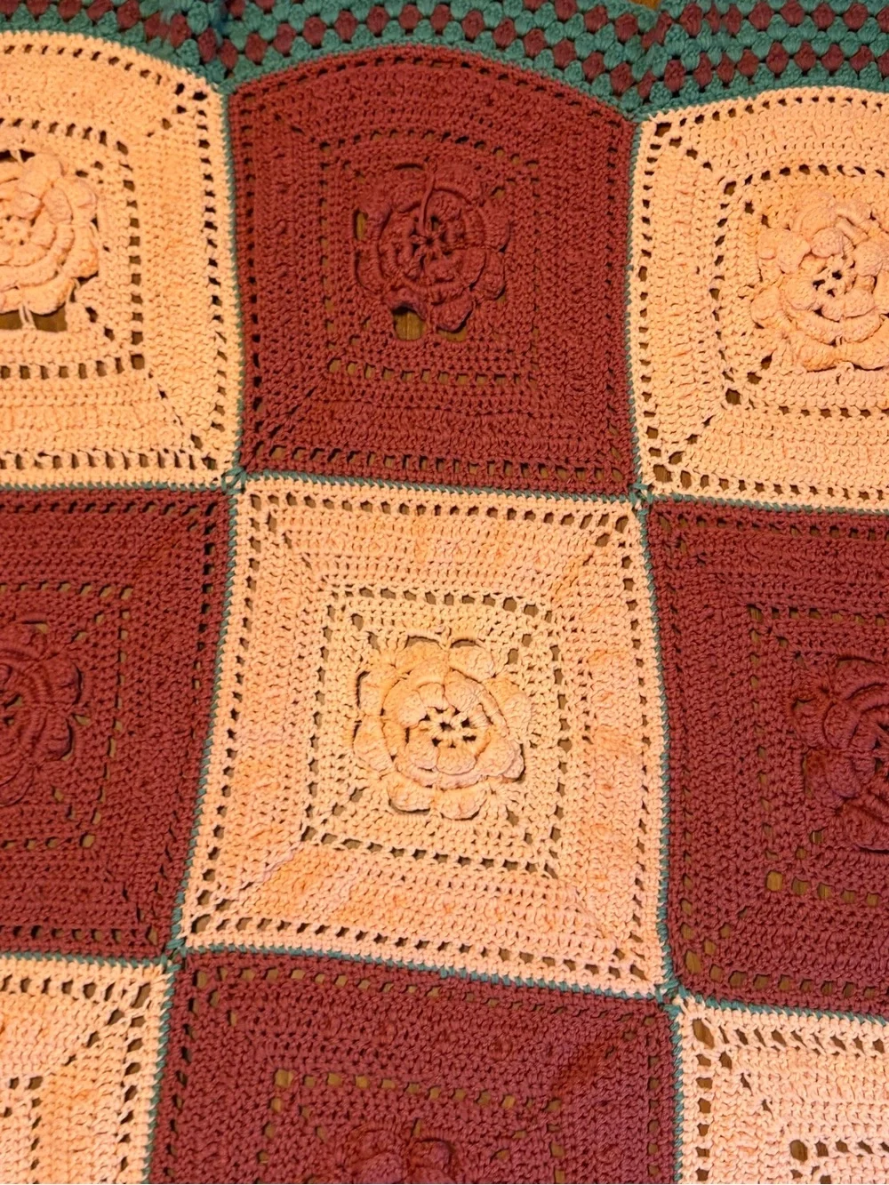 Vtg Granny Afghan Blanket 3D Flower Power Handmade Crochet 49X47” Cottagecore